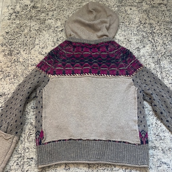 FREE PEOPLE M Wool Nylon Blend Tan Hooded Sweater Jacket Blue Cardigan - Picture 10 of 14